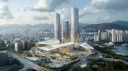 A city with a large building in the middle