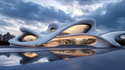 A large building with a lot of windows and a curved design