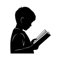Silhouette of a young boy engrossed in reading a book, learning and imagination