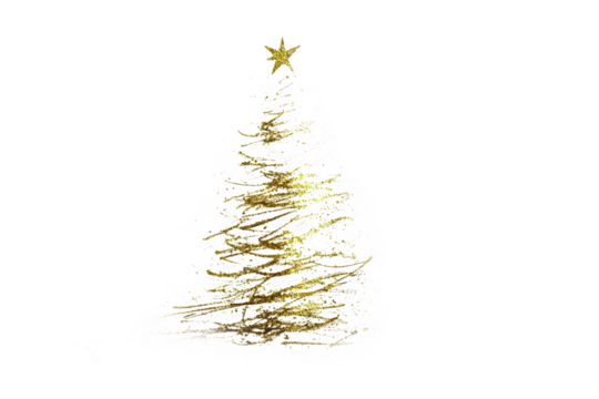 Abstract golden christmas tree with star on top isolated on transparent background