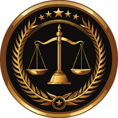 Gold Scales of Justice Emblem Black Background Golden Laurel Wreath Five Stars Award Badge