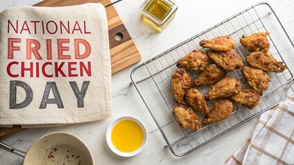 National Fried Chicken Day, High angle kitchen counter featuring freshly cooked crispy fried chicken.