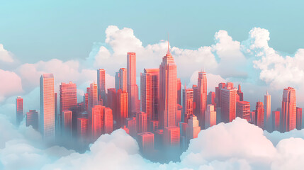 A city is shown in the sky with a pinkish hue