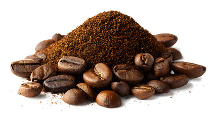 Instant coffee powder with roasted coffee beans isolated on a white background