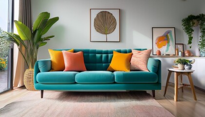 Fototapeta premium comfortable living room scene featuring a cozy couch with vibrant colors