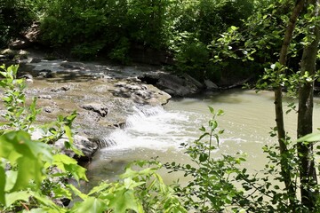 The water falling over the rocks in the creek.