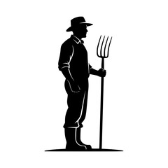 Silhouette of a Farmer Holding a Pitchfork Standing on Ground