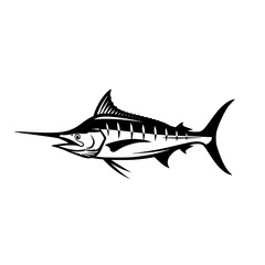 Black and White Silhouette of a Striking Marlin Fish in Profile with Detailed Fins and Body