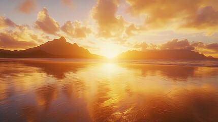 A beautiful sunset over the ocean with mountains in the background