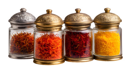 High-Quality Saffron isolated in 5 different containers silver brass glass and stone isolated on a white background