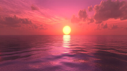 A beautiful sunset over the ocean with a large sun in the sky