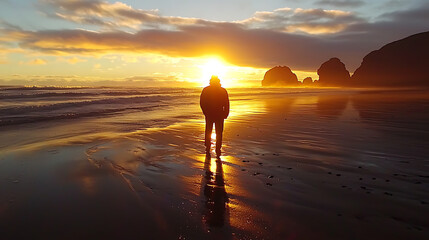 A man is walking on a beach at sunset