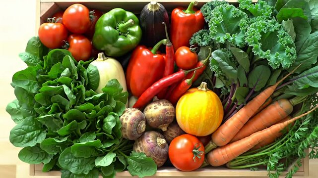 A wooden crate is overflowing with fresh produce leafy greens, root vegetables, and peppers