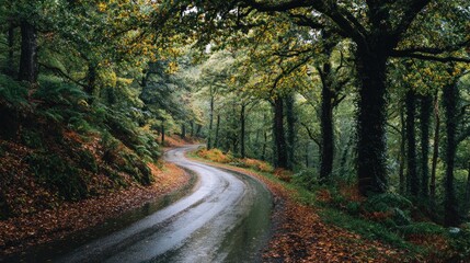Winding road through autumn forest after rain