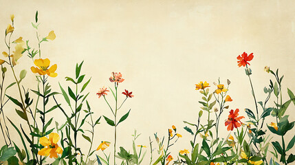 A painting of a field of flowers with a yellow background