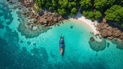 Aerial view of a traditional longtail boat anchored in crystal clear turquoise water near a tropical island