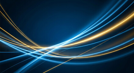 Abstract glowing blue and gold light streaks flowing across a dark blue background
