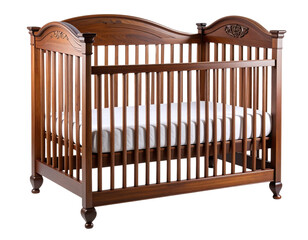 Vintage Dark Oak Baby Crib with Curved Headboard and Decorative Details, isolated on transparent background