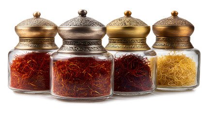 High-Quality Saffron isolated in 5 different containers silver brass glass and stone isolated on a white background