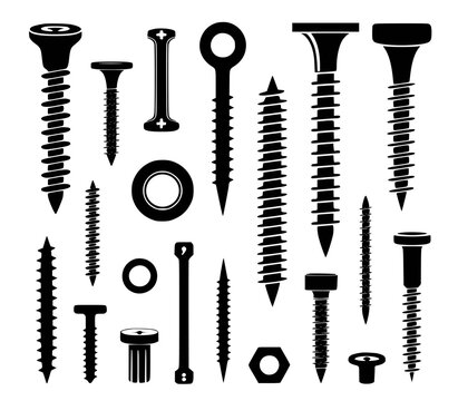 Black and white illustration of various fasteners screws bolts