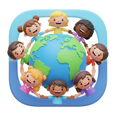 Group of diverse children of different ethnicities holding hands around the globe, smiling happily, cartoonish 3D icon style, pastel colors.