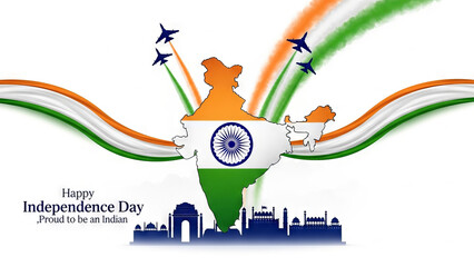 Indian independence day celebration with fighter jets flying over the map of india