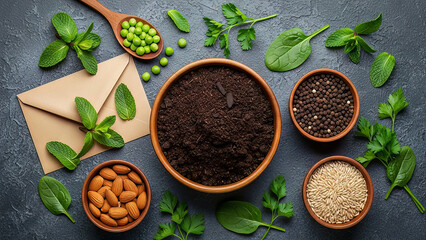 Overhead view of fresh mint leaves peas almonds grains peppercorns and soil in bowls