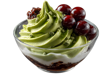 Japanese matcha green tea soft serve in glass bowl with azuki beans. Cut-out, isolated on transparent background with clipping path.