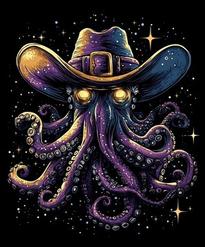 Funny Octopus in Space Illustration: Colorful Cosmic Cartoon Artwork with Hat-Wearing Mythical Creature in Starry Background - Whimsical and Playful Digital Art Design