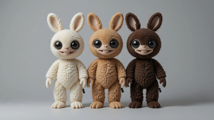 Three adorable fluffy cartoon bunny characters standing together with big eyes and smiles