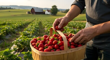 Hand picking strawberries from a farm basket, natural light, rustic rural background, concept of fresh produce, organic farming, and healthy lifestyle, focus on freshness and simplicity