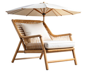 Vintage Rattan Beach Chair with White Cushion and Umbrella Holder, isolated on transparent background