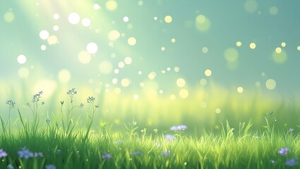 Obraz premium Green meadow with grass flowers and bokeh light effects