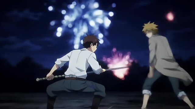 Animated characters fighting against fireworks backdrop, swords drawn, night scene
