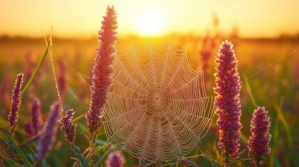 Dew-kissed spiderweb in a field at sunrise