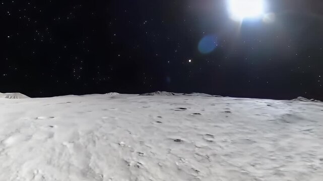 A stark, cratered lunar landscape under a bright sun and starry, dark sky