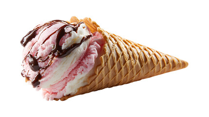 ice cream cone scoop of ice cream pink and white chocolate syrup waffle cone isolated on a white background