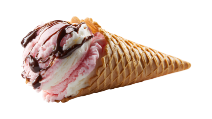 ice cream cone scoop of ice cream pink and white chocolate syrup waffle cone isolated on a white background