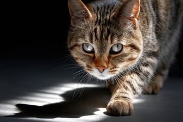 Fototapeta premium Striped cat prowls across a sunlit floor in a darkened room during the day
