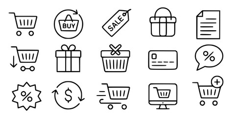 Black and white shopping icons collection shopping cart sale tag