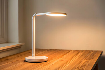 White led desk lamp on wooden table with soft lighting