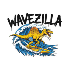 Handdrawn Spinosaurus Surfing On Ocean Wave Decorative Illustration T-Shirt Design