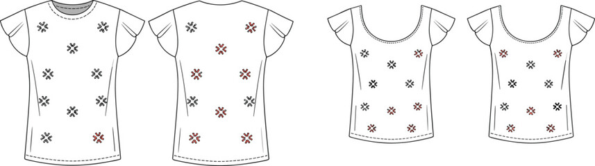 Matching floral print t-shirts for women and girls – vector flat fashion sketch with flutter sleeves, front and back views included. © Md
