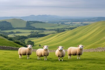 Fototapeta premium Sheep grazing in lush east sussex hills