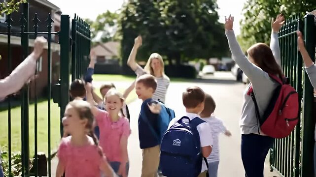 Children with backpacks and teachers waving at a gate on a sunny day on a street