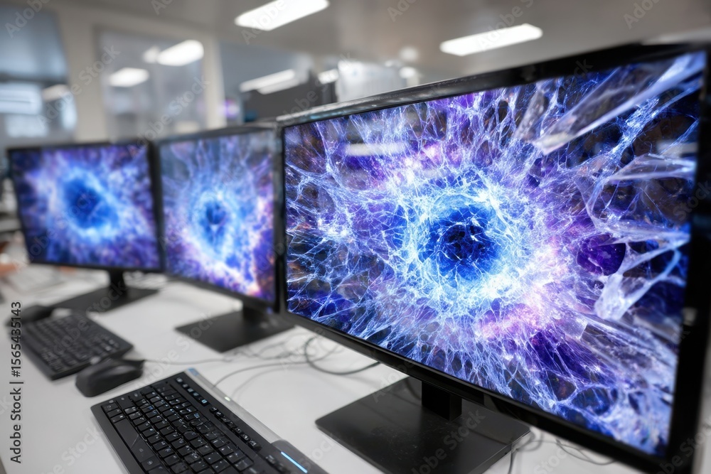 Fototapete high-resolution digital screens displaying abstract blue and purple graphics in a tech workspace