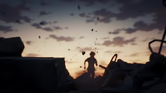 Animated figure runs through debris beneath a twilight sky, rendered in soft focus