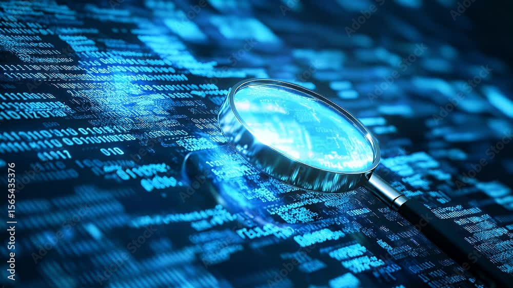 Poster a magnifying glass over a digital data stream illuminated in bright blue light. the background consi