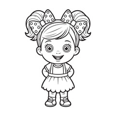 Fototapeta premium A cheerful cartoon girl with pigtails and polka dot bows stands with her hands behind her back