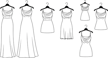 Cowl neck dresses and tops with spaghetti straps – fashion flat sketch collection on hangers, vector technical drawings for design.